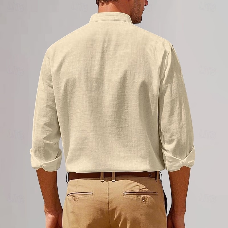 Men's Cotton Linen Shirt Plain Vacation Black White Khaki Dark Gray Long Sleeve Grandad Collar Clothing Apparel Pocket2