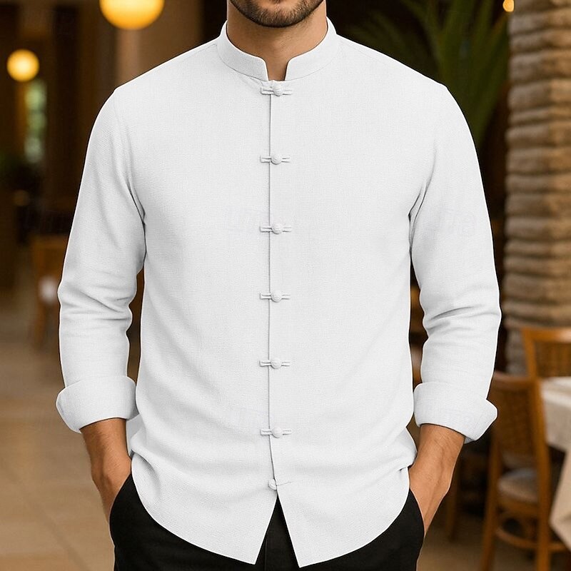 Men's Cotton Linen Shirt Solid / Plain Color Vacation Black White Light Green Pink Long Sleeve Grandad Clothing Apparel2