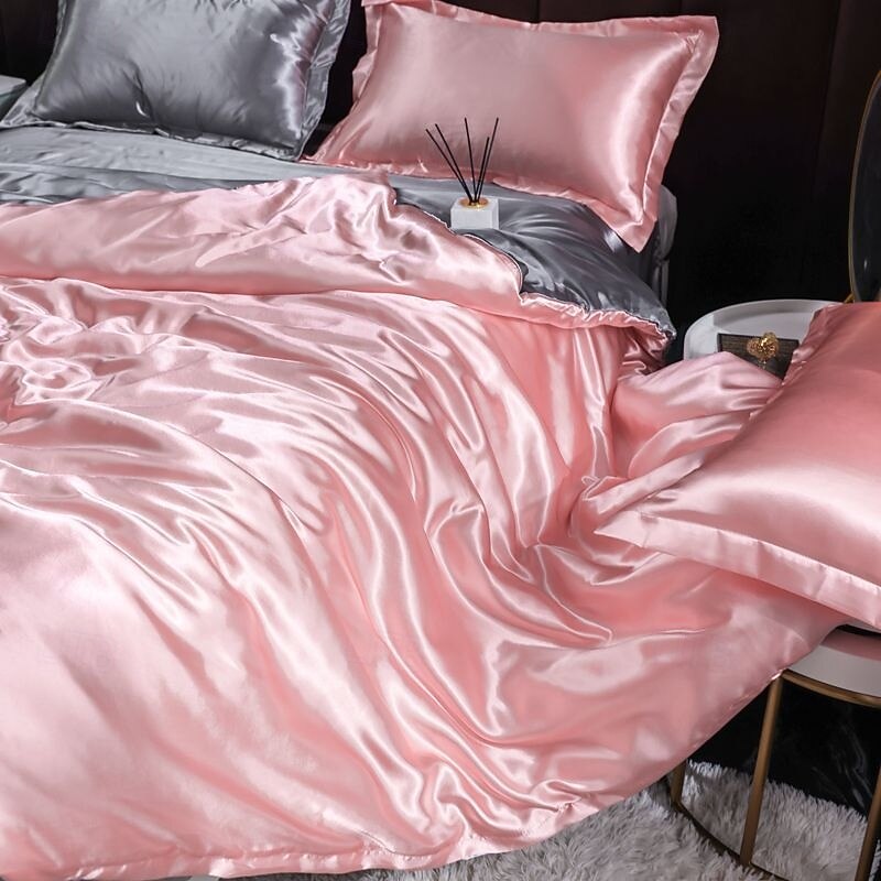 Pure Color Double-sided Ice Silk Four-piece Set Silky Quilt Cover Cool Nude Sleeping Three-piece Set Bedding4