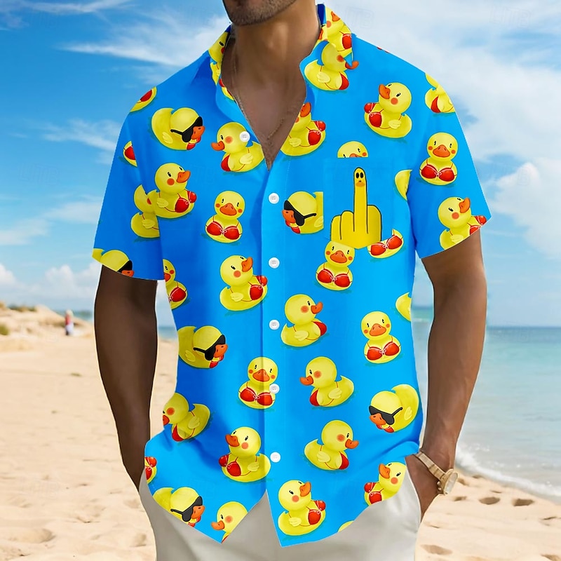 Men's Animal Funny Duck Shirt Summer Hawaiian Shirt Button Up Shirt Short Sleeve Hawaiian Vacation Holiday Beach Wear Summer Turndown 3D Print Front One Pocket Linen Like Shirt Red Blue Orange Green2