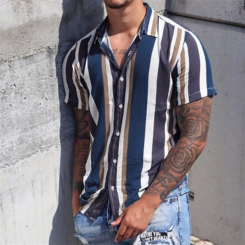 Men's Shirt Summer Shirt Casual Shirt Beach Shirt Button Up Shirt grey blue Short Sleeve Stripes Lapel Vacation Hawaiian Clothing Apparel Polyester Fashion Casual Comfortable