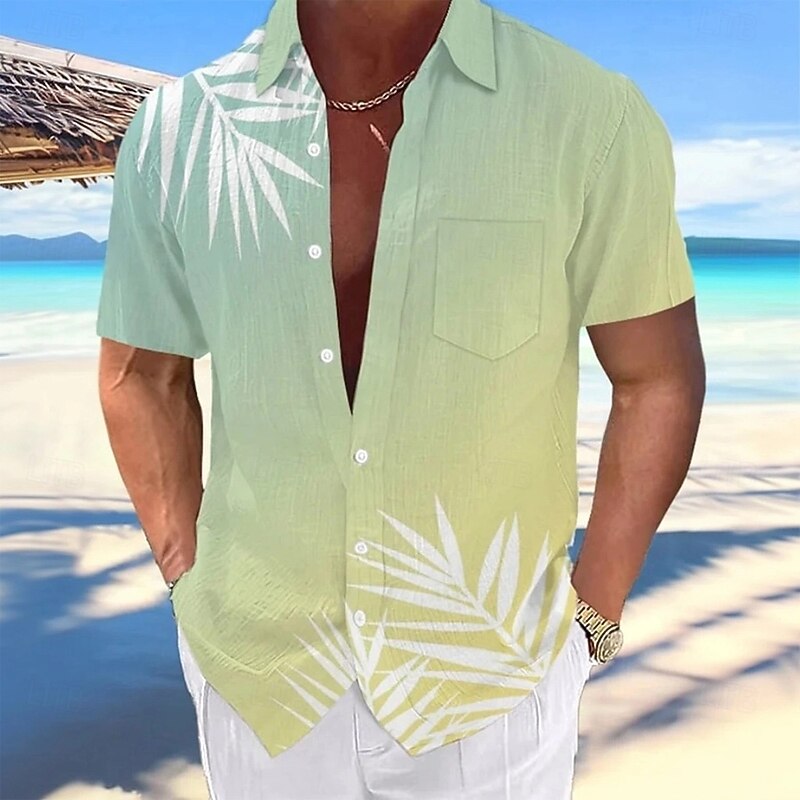 Men's Gradient Color Palm Leaf Tropical Plants Shirt Summer Hawaiian Shirt Button Up Shirt Short Sleeve Hawaiian Vacation Beach Wear Summer Turndown 3D Print Front One Pocket Linen Like Shirt Blue2
