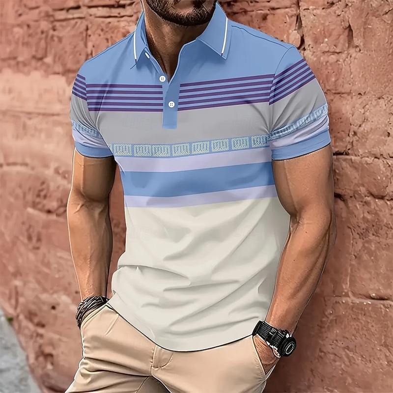 Men's Horizontal Stripes Polo Short Sleeve Polo Shirts Collared Shirts Business Casual Outdoor Athleisure Daily Wear 3D Print Summer Blue Green