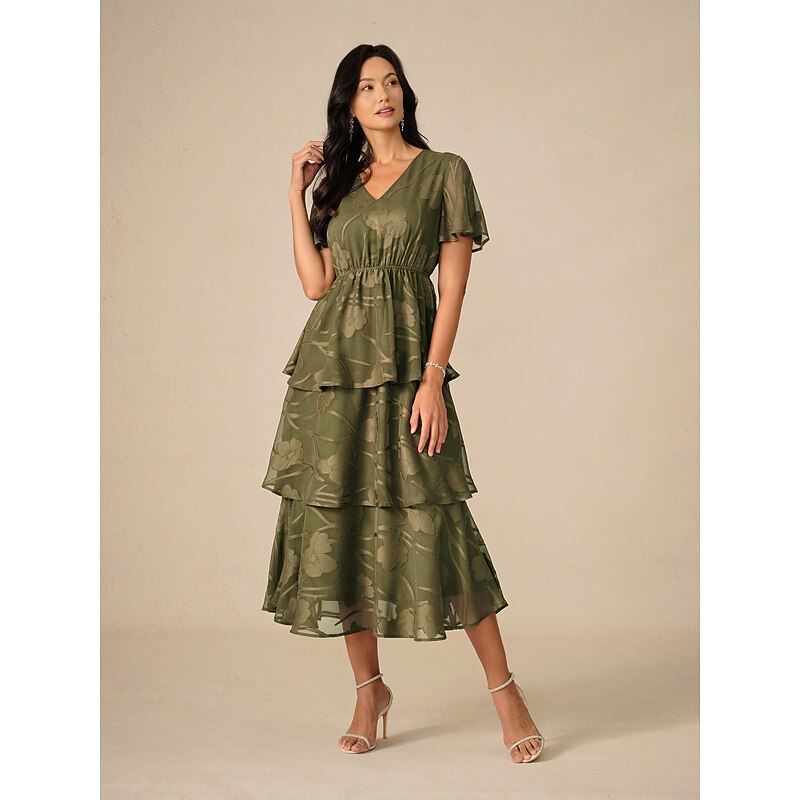Women's Maxi Dress A Line Dress Elegant Formal Flutter Sleeve Wedding Guest Cocktail Party Regular Fit Plain Short Sleeve V Neck Olive Summer4