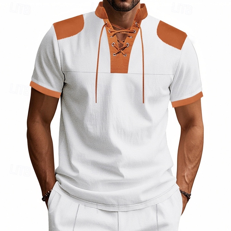 Men's Tee Short Sleeve Shirt Tee Top Short Sleeve Tied Neck Spring & Summer Color Block Plain Fashion Designer Patchwork Vacation Street Going out Black White Royal Blue Top Tee for Men