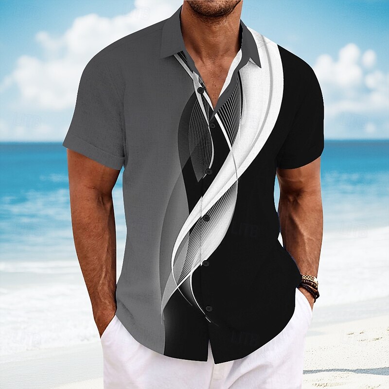 Men's Geometric Line Abstract Art Shirt Summer Shirt Button Up Shirt Short Sleeve Fashion Casual Vacation Dailywear Beach Wear Summer Spring Turndown 3D Print Linen Like Shirt Yellow Blue Light Grey