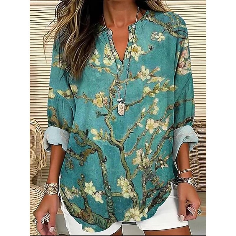 Women's Blouse Tunic V Neck Long Sleeve Boho Casual Tops Floral Graphic Vintage Tropical Regular Tops Daily Vacation Wear Print Blue Green Gray Light Blue4