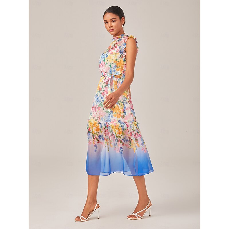 Floral Print Chiffon Dress with Gradient Hem2