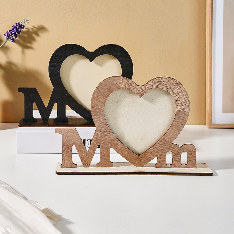 Mother's Day Wooden Decor Gift for Mom, Heart Shaped MOM Letter Ornament for Tabletop, Modern Home Decoration for Mother's Day Gift and Holiday Display