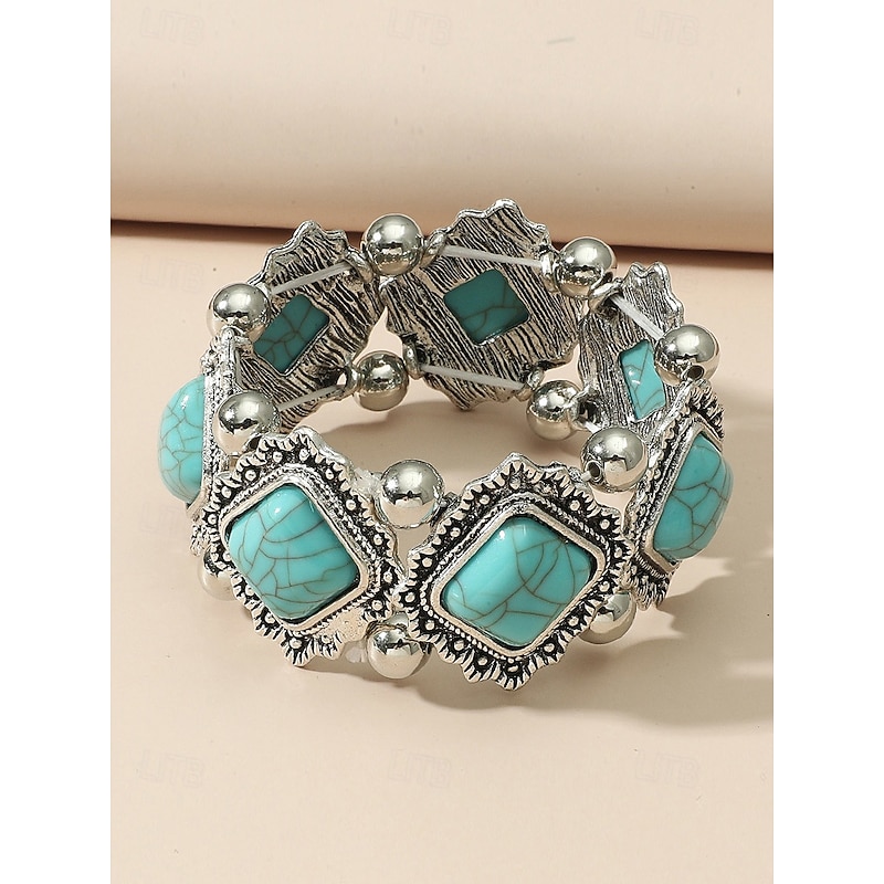 Women's Vintage Boho Turquoise Stone Bracelet – Retro Style Elastic Beaded Cuff Jewelry for Casual Wear, Festivals and Gifts
