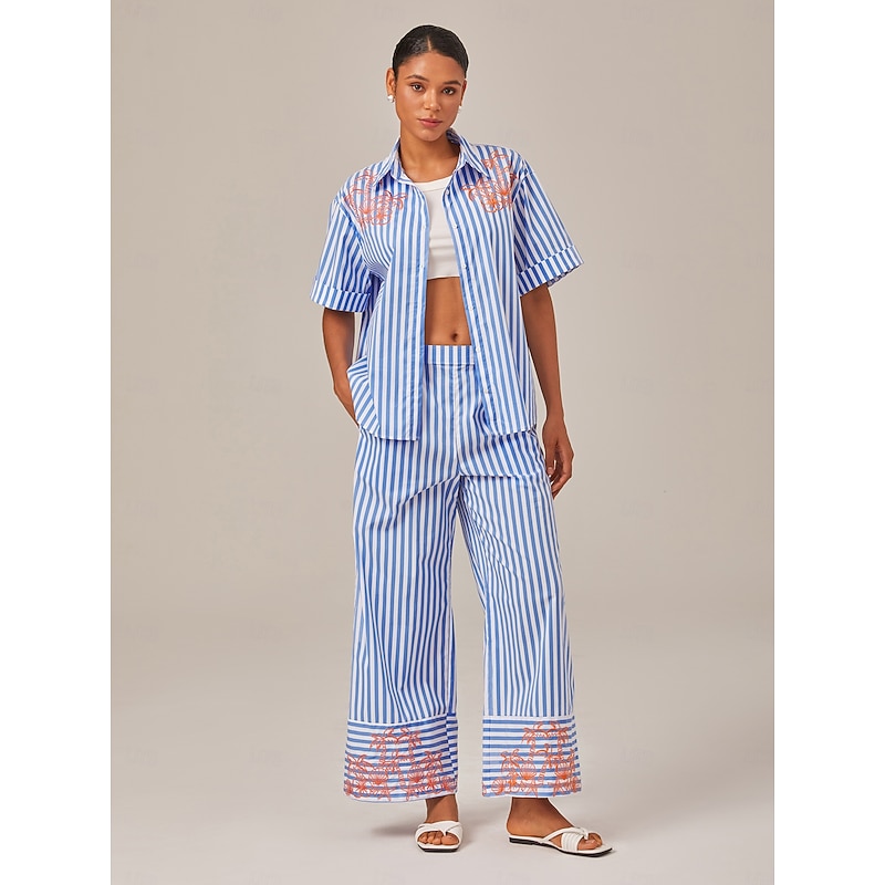 Women's Female Button Down Shirt Casual Shirt Tree Striped Casual T-shirt Sleeve Blue Embroidered Buttons Short Sleeve Elegant Vacation Casual Shirt Collar Summer4