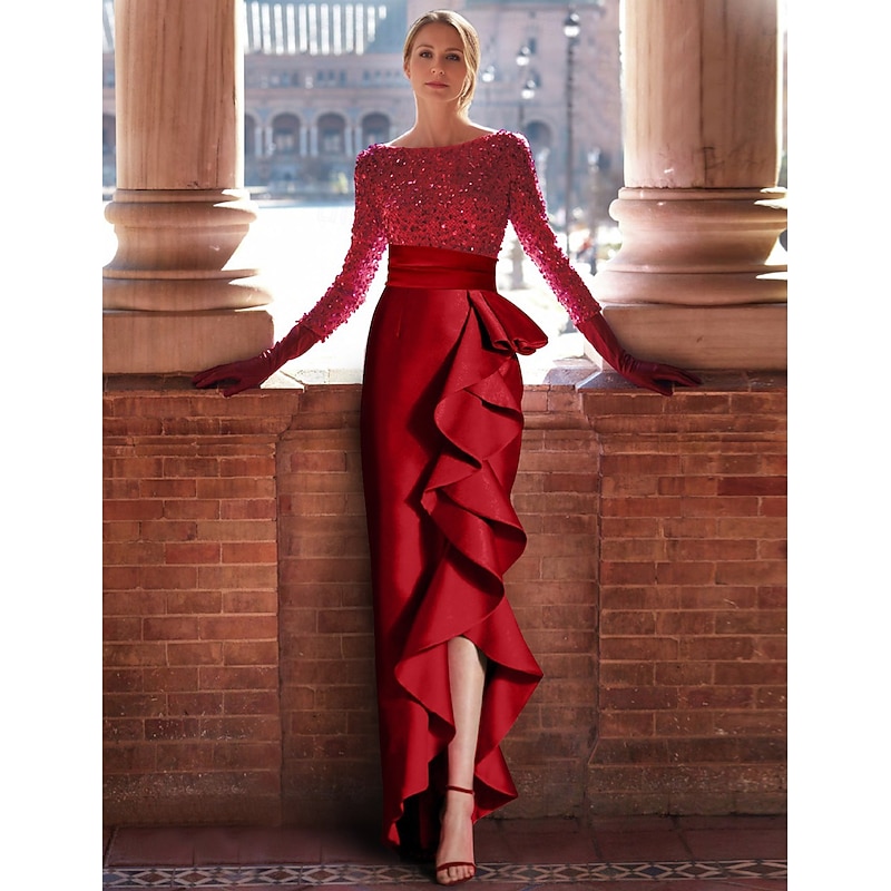 A-Line Evening Gown Elegant Dress Formal Floor Length Long Sleeve Jewel Neck Satin with Ruffles Slit Masquerade Dress