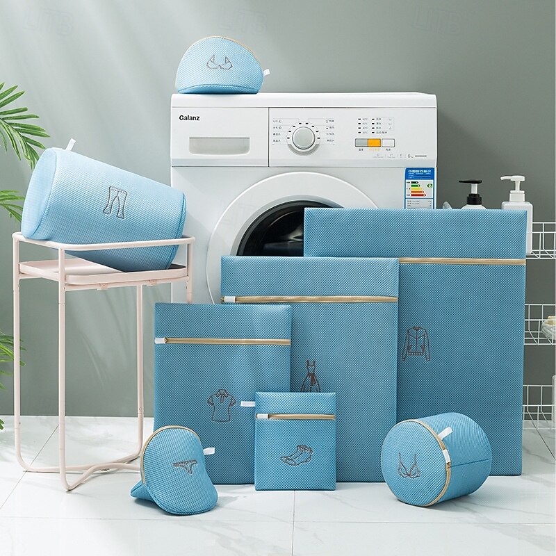 8 Pack Mesh Laundry Bags Set for Delicates Morandi Color Embroidered, Thickened Shape Retaining Machine Wash Bags for Lingerie, Jeans, Blouse, Stocking, Bra Ideal for Home & Hotel Use
