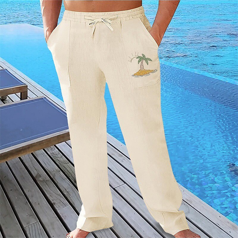 Men's Linen Pants Trousers Summer Pants Beach Pants Pocket Drawstring Elastic Waist Graphic Comfort Breathable Vacation Daily Holiday Hawaiian Boho turmeric White