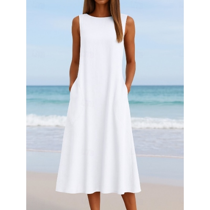 Women's Midi Dress White Dress Casual Dress Tank Dress Summer Dress Fashion Basic Modern Daily Beach Weekend Regular Fit Plain Sleeveless Crew Neck White Summer