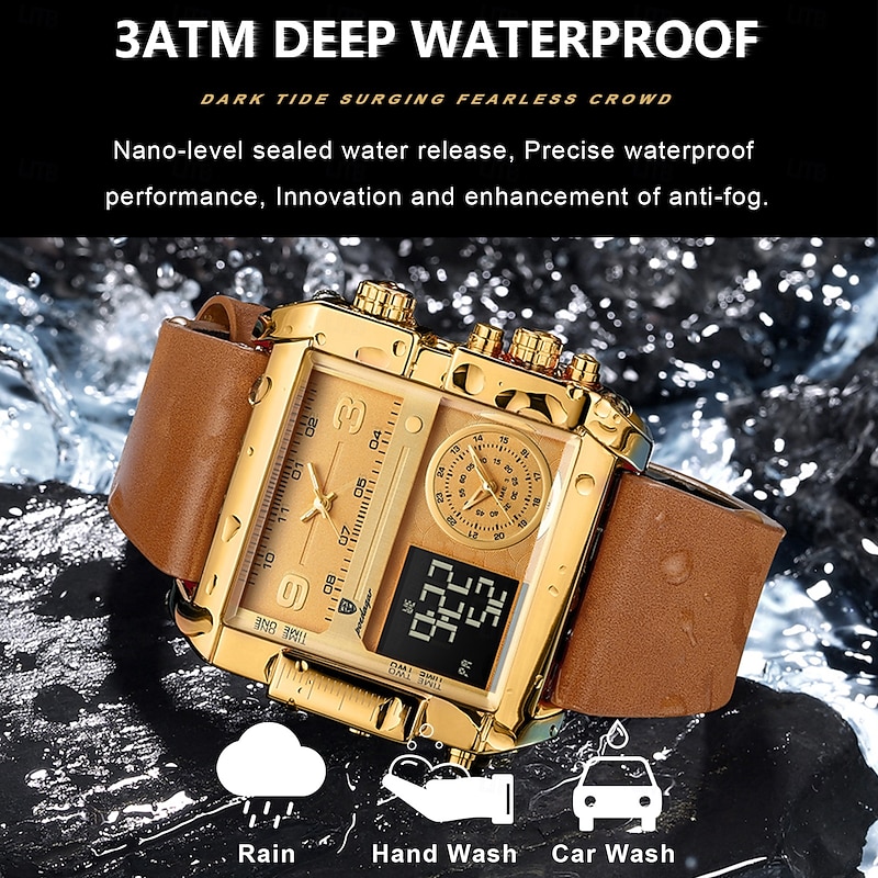Men Digital Watch Quartz Watch Retro Vintage Large Dial Wristwatch LED Back Light Chronograph Waterproof Genuine Leather Watch2