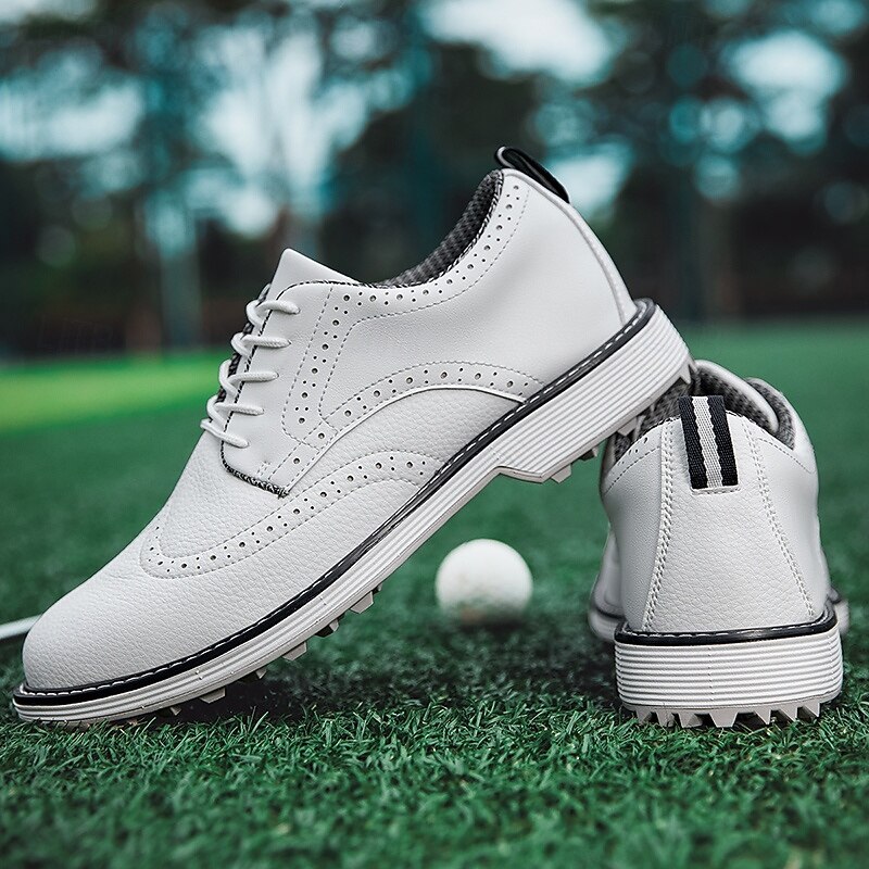 Men's White Brogue Golf Shoes – Durable Faux Leather Lace-Up Sneakers with Perforated Detailing for Golf and Sports Enthusiasts3