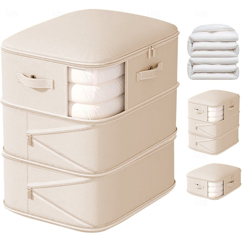 Compression Storage Bags - 135L Large Capacity Comforter Storage Bag, 3-Layer Washable Ultra Space Saving Self Compression Organizer Space Bags for Blankets, Sweaters, Sheets, Beige