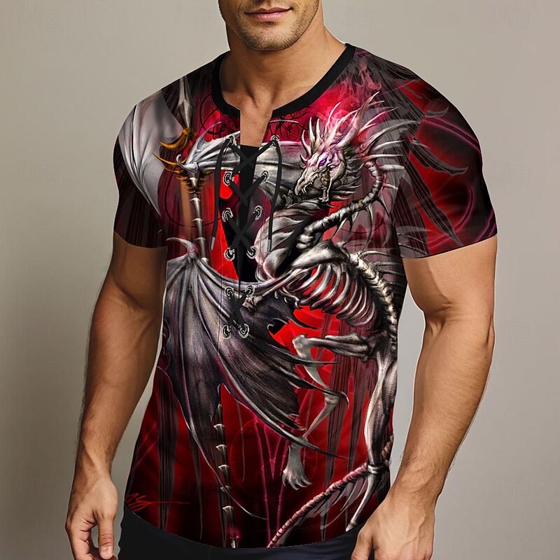 Dragonsword LICHBLADE Ruth Thompson-Yujin Jung Men's Dragon Shirt Short Sleeve T shirt 3D Print Lace Up Neck Shirt Fashion Exaggerated Street Casual Daily Red Summer Spring Clothing Apparel S M L XL X