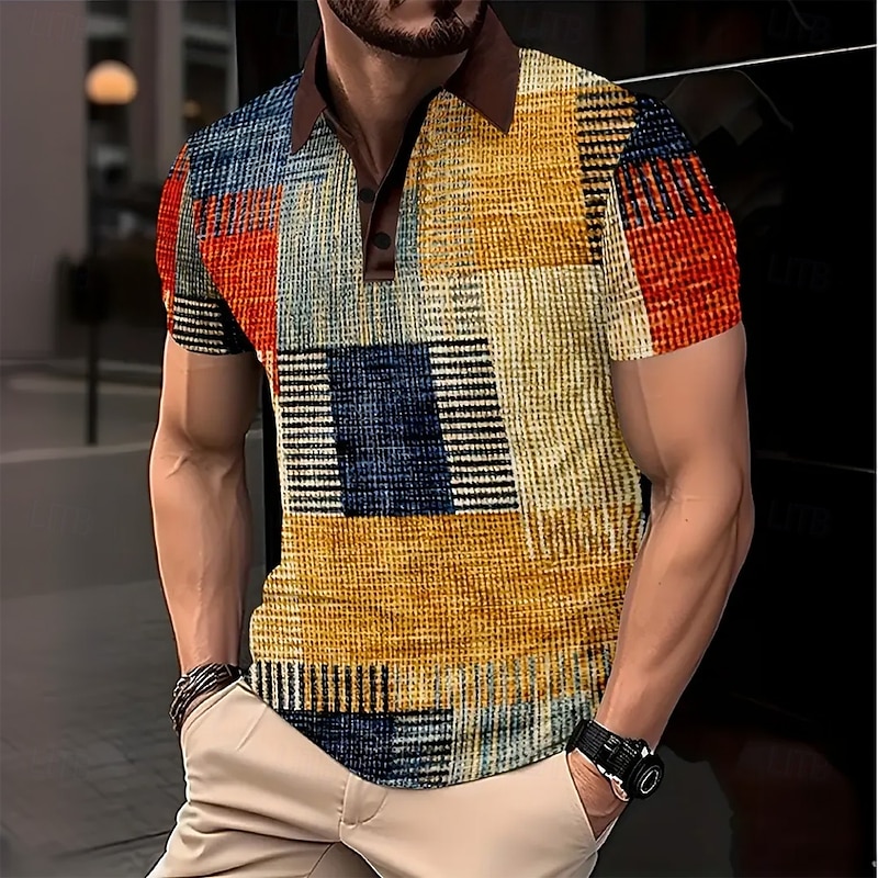 Men's Color Block Waffle Polo Shirts Short Sleeve Polo Shirts Collared Shirts Casual Outdoor Athleisure Daily Wear Buttons 3D Print Summer Yellow - Main Image