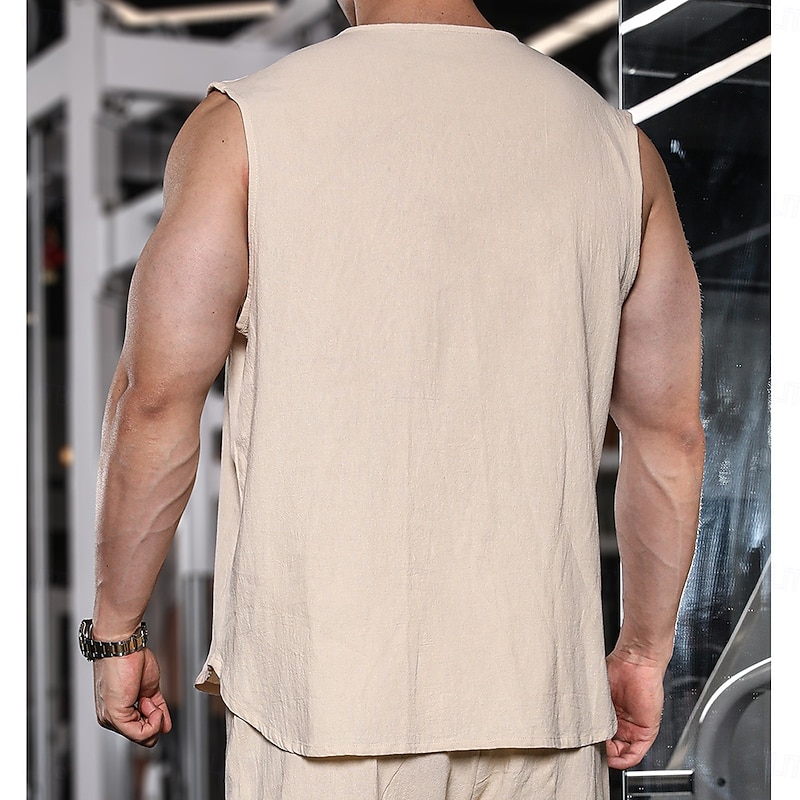 Men's Linen Shirt Tank Top Vest Top Undershirt Sleeveless Round Neck Mandarin Collar Summer Spring & Summer Plain Fashion Designer Basic Buttons Button Front Vacation Street Casual Black Pink Wine2