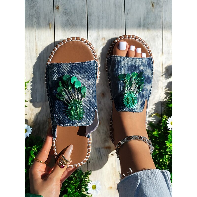 Women's Denim Open-Toe Slide Sandals with Green Beads – Boho Summer Shoes for Summer Casual Wear and Beach Style2