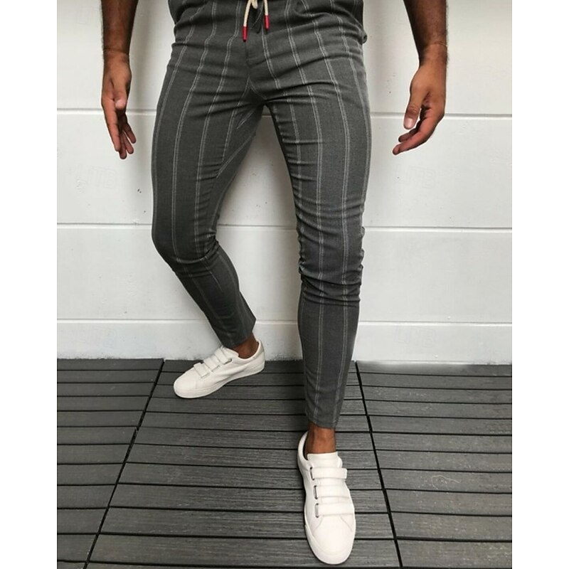 Men's Dress Pants Skinny Trousers Chinos Buttons Pocket Striped Comfort Formal Party Work Fashion Classic Style Black White Micro-elastic4