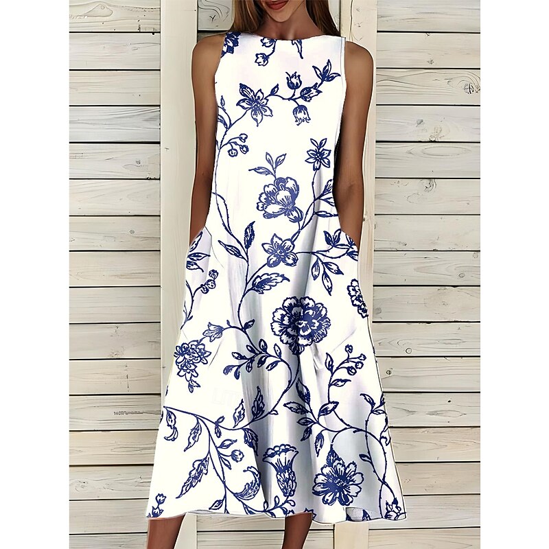 Women's Midi Dress Sundress A Line Dress Summer Dress Vacation Casual Cocktail Birthday Daily Holiday Regular Fit Floral Graphic Sleeveless Crew Neck White Blue Sky Blue Green Summer3