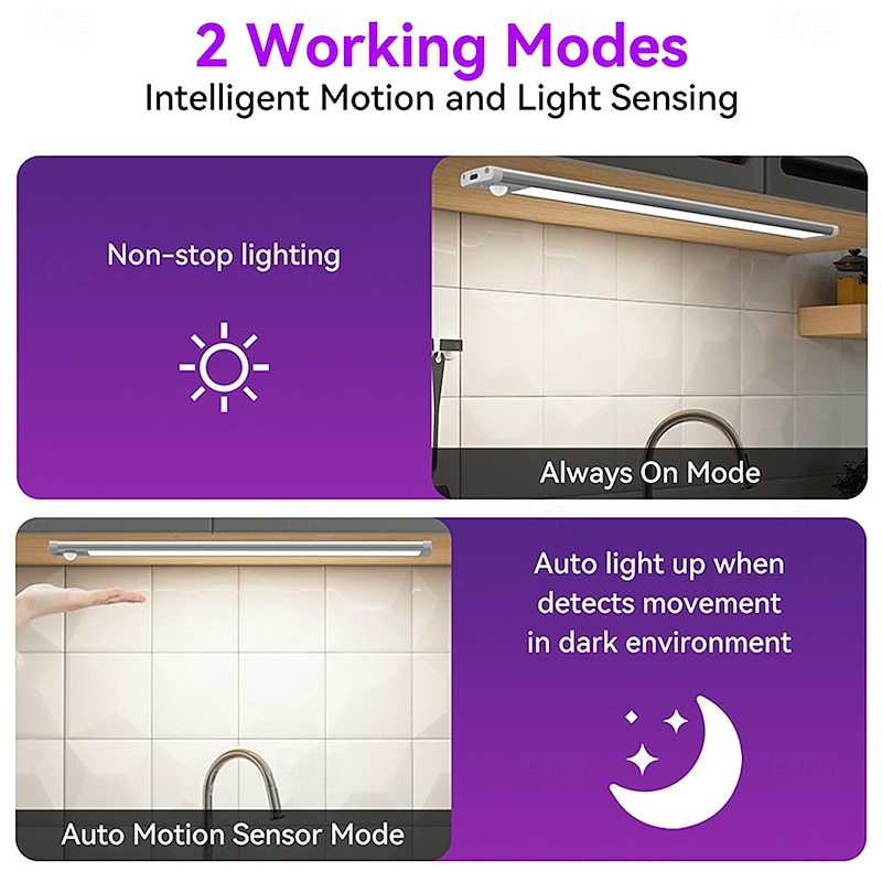 2 PACK Under Cabinet Lighting, 25cm Under Cabinet Lights Battery Operated, 40-LED Beeds, Rechargeable,  Motion Sensor Light, Magnetic Dimmable Closet Lights, Wireless Under Counter Lights3