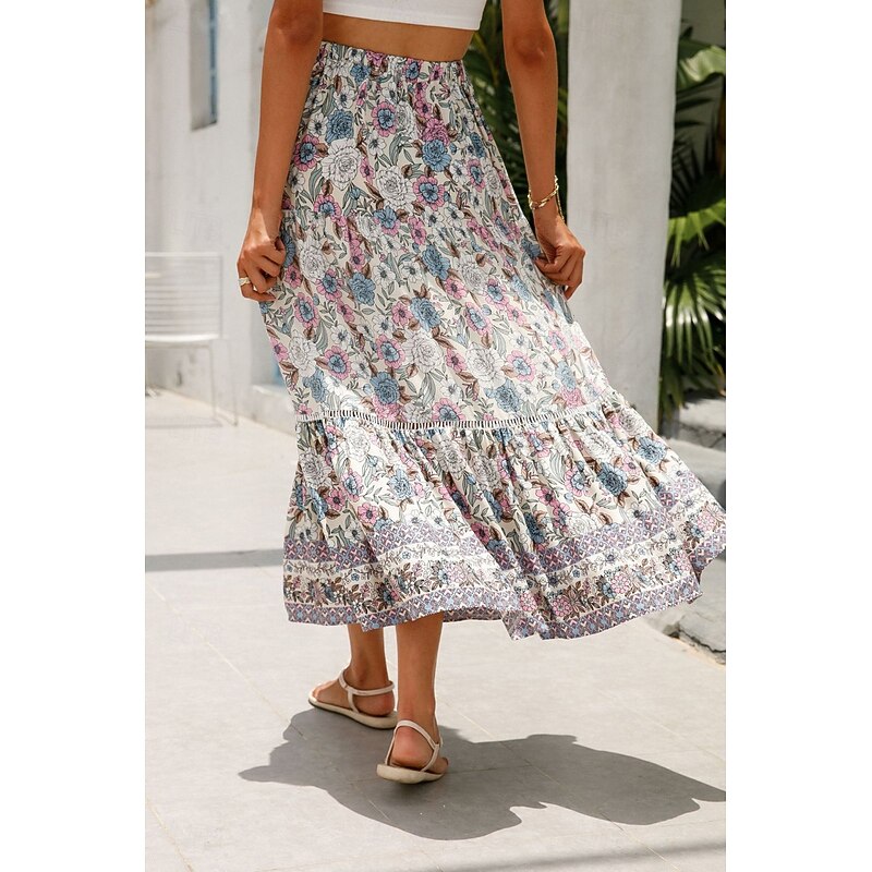 Women's Skirt Bohemia Casual Boho Maxi Mid Rise Skirts Floral Print Micro-elastic Vacation Street Almond Red Blue Orange Summer Rayon4