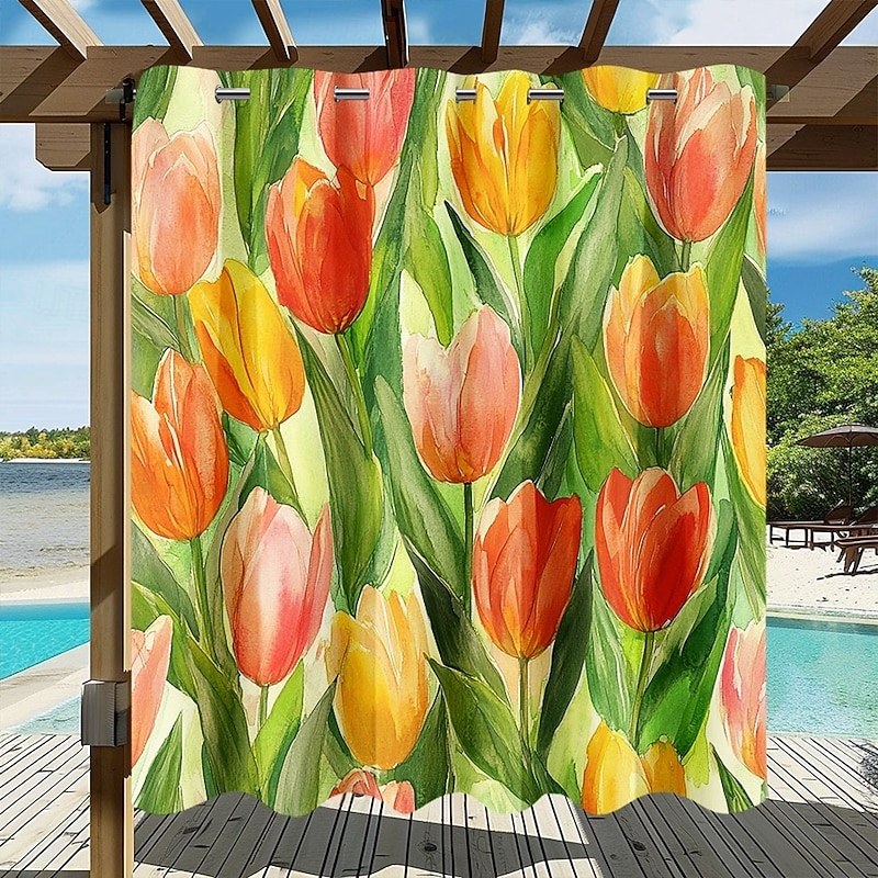 Waterproof Outdoor Curtain Privacy, Sliding Patio Curtain Drapes, Pergola Curtains Grommet 3D Summer Tulips Landscape For Gazebo, Balcony, Porch, Party, 1 Panel2