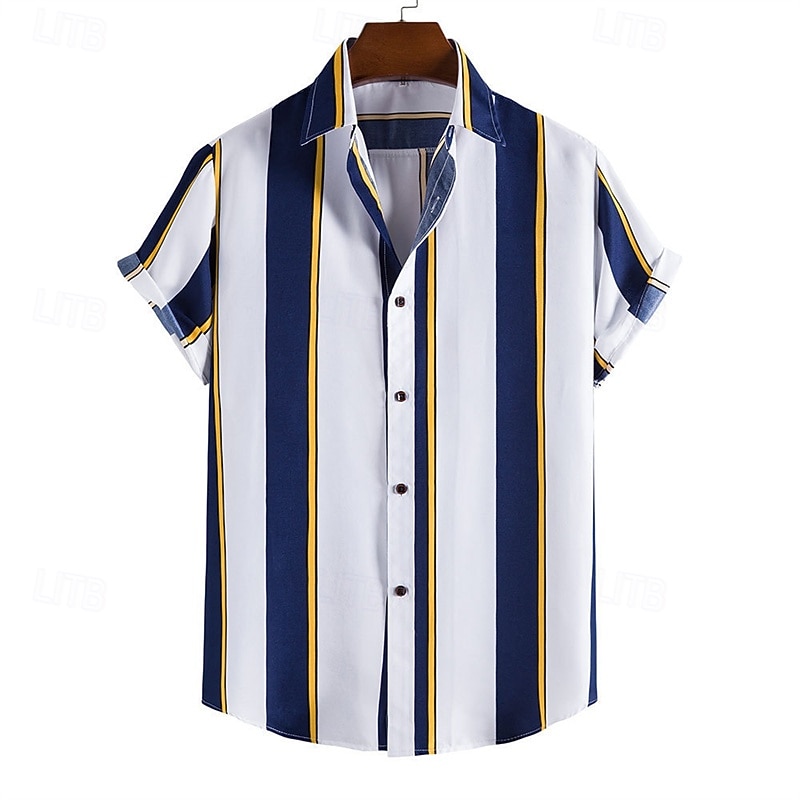 Men's Shirt Summer Shirt Casual Shirt Beach Shirt Button Up Shirt White Blue Green Gray Short Sleeve Vertical Stripes Lapel Vacation Hawaiian Clothing Apparel Polyester Fashion Casual Comfortable