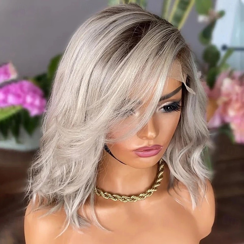 Brazilian Remy Human Hair Ombre Glueless 5x5 Lace Closure Wigs  Short Bob Wavy 13x4 Lace Front Wig Ash Blonde Human Hair Wig with Baby Hair Natural Hairline For Women4