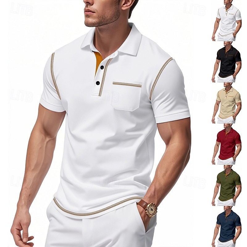 Men's Golf Shirt Golf Polos Shirts Work Casual Lapel Short Sleeve Basic Modern Color Block Patchwork Buttons Summer Regular Fit Black White Burgundy Navy Blue Khaki Army Green Golf Shirt