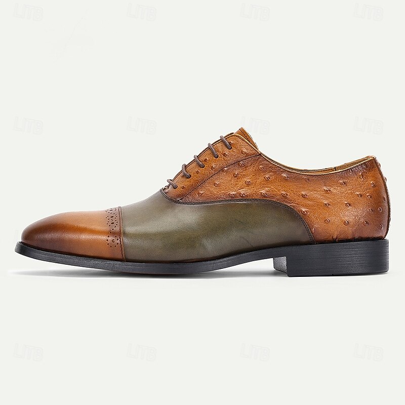 Men's Two-Tone Leather Oxford Shoes with Ostrich Print – Luxury Lace-Up Formal Shoes for Banquets and Prom Nights3