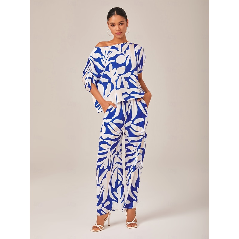 Satin Mismatched Floral Slash Neck T-shirt Sleeve Two Piece Set