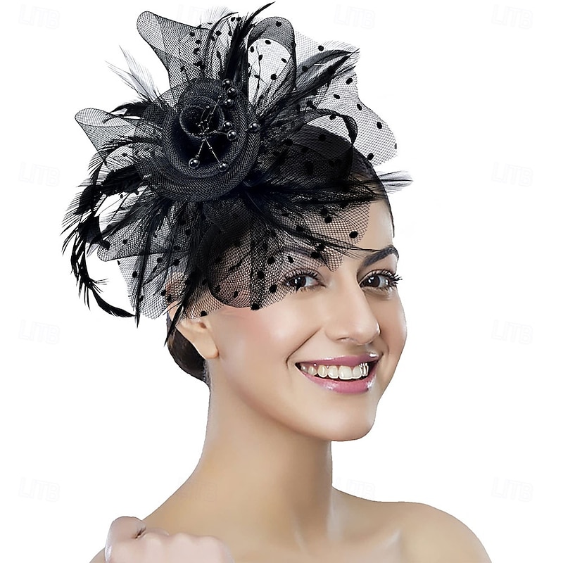 Women Fascinator Tea Party Hat 20s 50s Wedding Cocktail Flower Mesh Feathers Hair Clip for Carnival