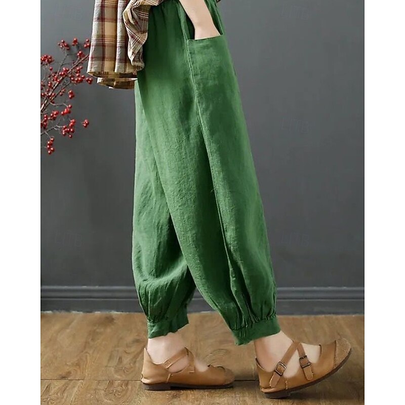 Women's Cotton Linen Pants Slacks Streetwear Casual Full Length Natural Plain Pocket Elastic Waist Outdoor Comfortable Outdoor Vacation Apricot Black Blue Green Summer Regular Fit4