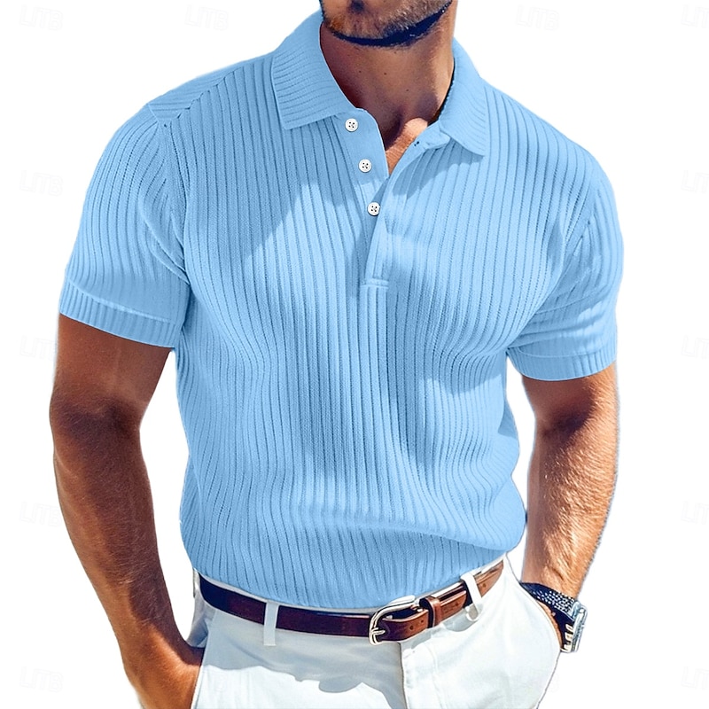 Men's Rib Knit Top Golf Polos Shirts Work Casual Lapel Ribbed Polo Collar Short Sleeve Basic Modern Color Block Buttons Knitted Summer Spring & Summer Regular Fit White Yellow Burgundy Navy Blue2