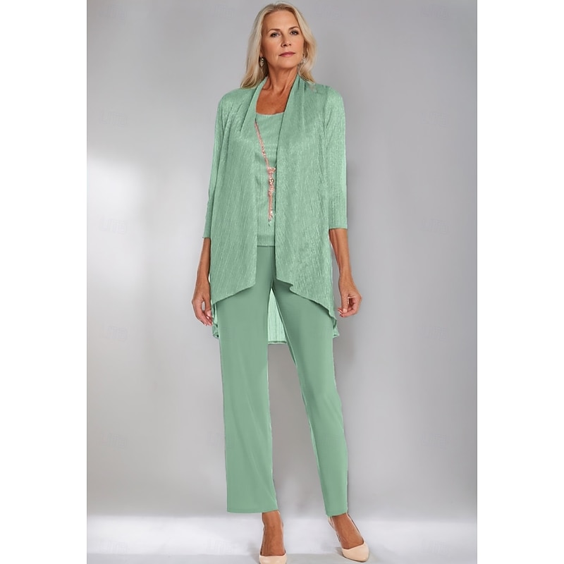 Pantsuit 3 Piece Mother of the Bride Formal Elegant Crew Neck Floor Length Chiffon Long Sleeve Wrap Included with Lace Cascading Ruffles Ruching4