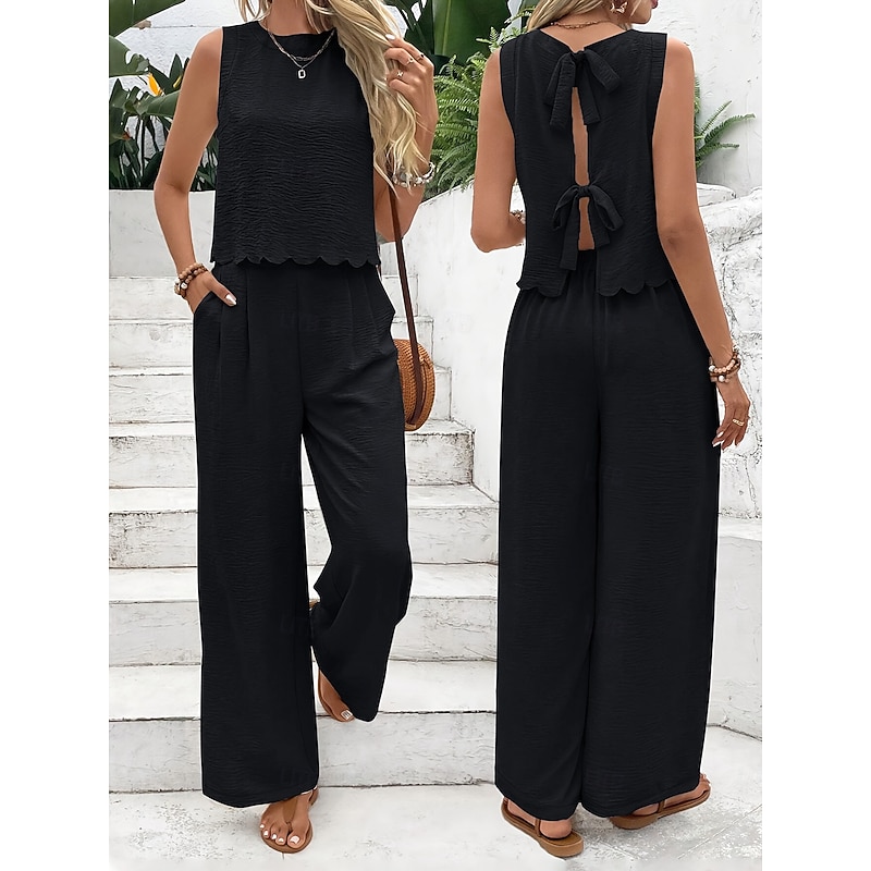 Women's Fashion Pants Sets Sleeveless Round Neck Solid Color Lace up Backless Bow Casual Daily Black Dark Navy Orange Summer Regular Fit4