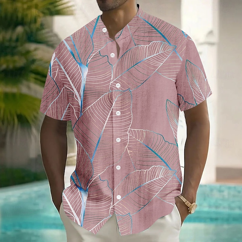 Men's Palm Leaf Tropical Plants Summer Hawaiian Shirt Button Up Shirt Stand Collar Shirt Short Sleeve Hawaiian Vacation Dailywear Beach Wear Summer Spring Mandarin Collar 3D Print Linen Like Shirt3