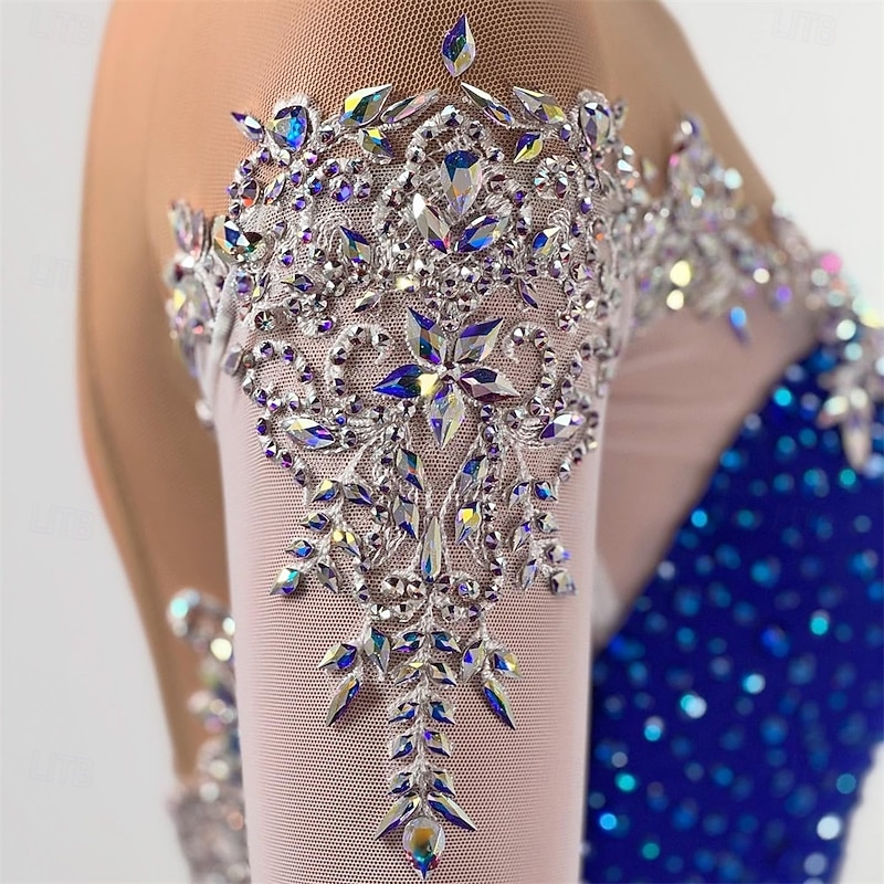 Figure Skating Dress Women's Girls' Ice Skating Dress Royal Blue Thumbhole Open Back Mesh High Elasticity Training Competition Skating Wear Classic Crystal / Rhinestone Long Sleeve Ice Skating Figure4
