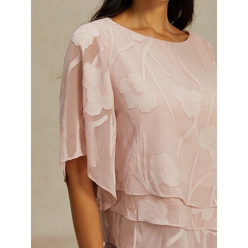 Women's Lace Shirt Blouse Dressy Tops Chiffon Tops Solid Color Floral Graphic Elegant Stylish Basic Half Sleeve Flutter Sleeve Boat Neck Regular Tops Wedding Guest Work Daily Asymmetric Hem Pink2