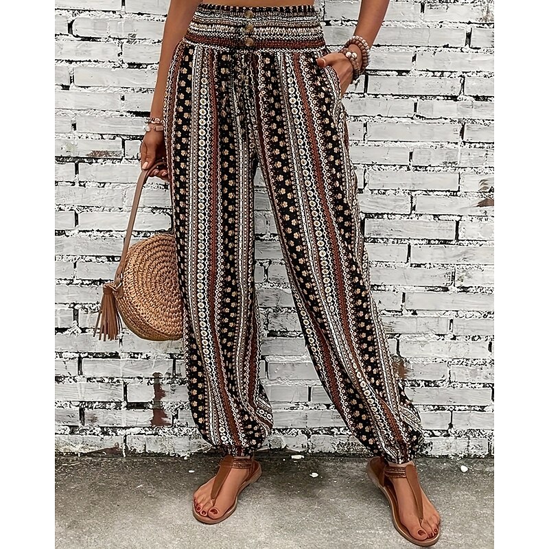 Women's Joggers Pants Trousers Vacation Boho Full Length Mid Waist Geometic Elastic Waist Breathable Comfortable Micro-elastic Street Daily Wear Going out Dark Brown White Red Dark Green Summer