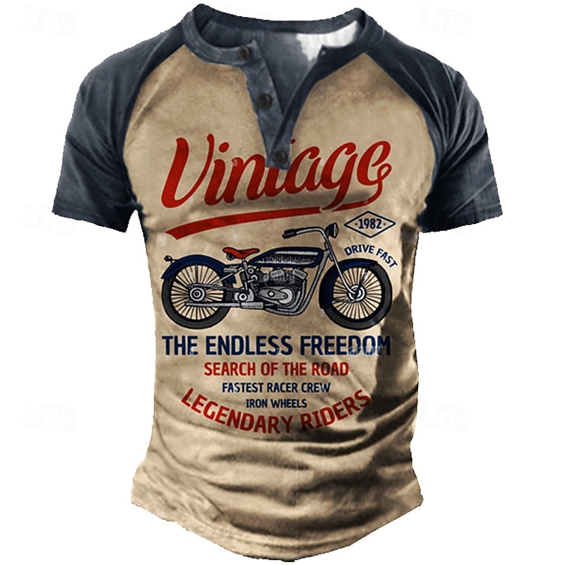 Men's T shirt Tee Henley Shirt Tee Graphic Letter Motorcycle Henley Blue Brown Green Khaki 3D Print Plus Size Outdoor Daily Short Sleeve Button-Down Print Clothing Apparel Designer Stylish Vintage - Main Image