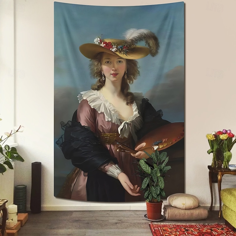 Vintage Painting Hanging Tapestry Wall Art Large Tapestry Mural Decor Photograph Backdrop Home Bedroom Living Room Decoration Self Portrait in Straw Hat - Main Image
