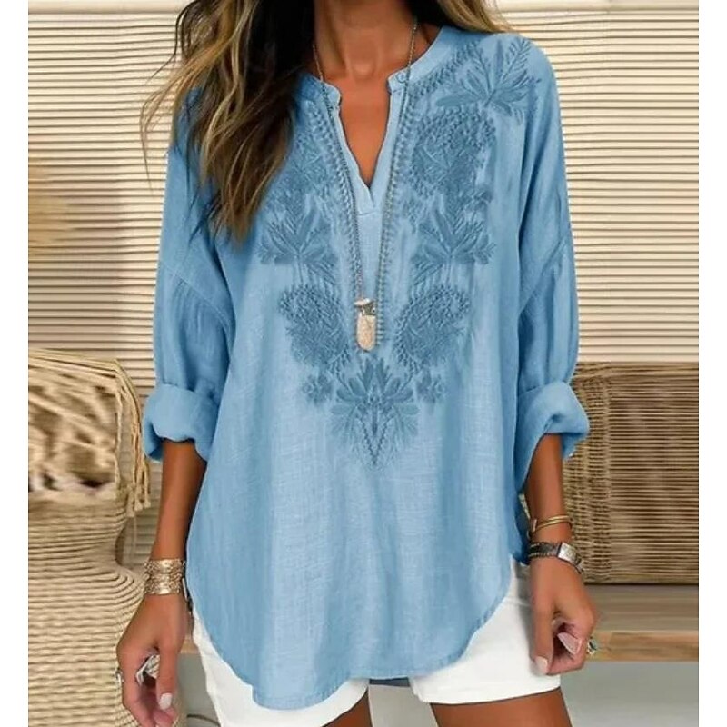 Women's Blouse Tunic V Neck Long Sleeve Boho Casual Graphic Geometric Paisley Elegant Bohemia Vintage Regular Tops Daily Print Black Blue Light Grey Beige4
