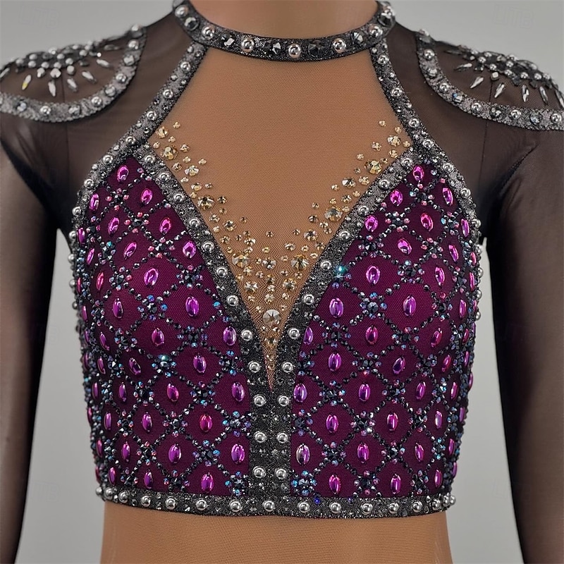 Figure Skating Dress Women's Girls' Ice Skating Dress Dark Purple Open Back Asymmetric Hem Mesh High Elasticity Training Competition Skating Wear Classic Crystal / Rhinestone Long Sleeve Ice Skating4