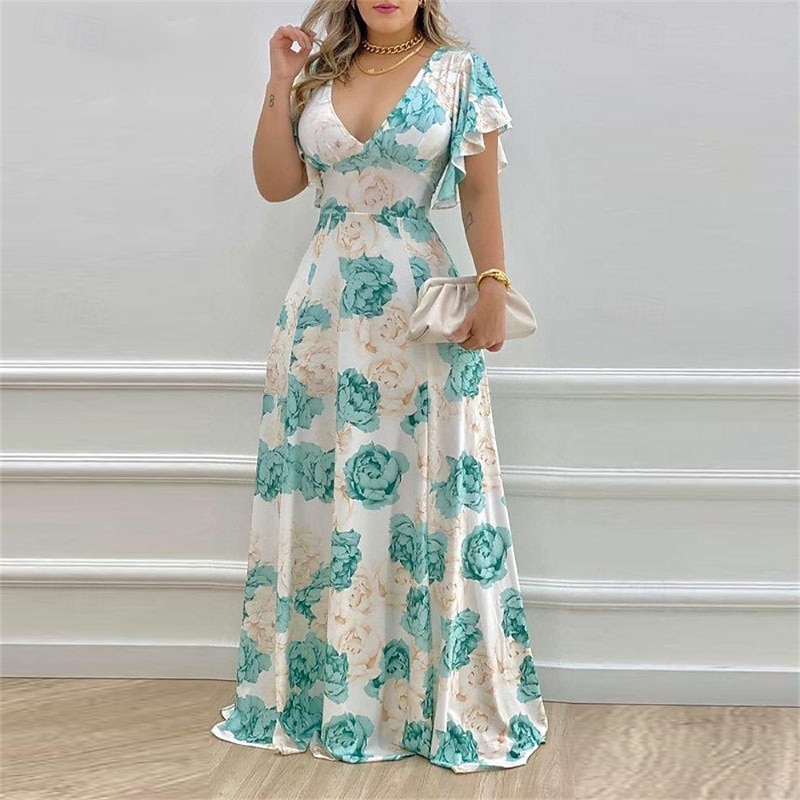 Women's Long Dress Maxi Dress Cocktail Dress Floral Dress Print Dress Fashion Modern Outdoor Vacation Holiday Regular Fit Flower Short Sleeve V Neck Blue Orange Rose Red Summer3